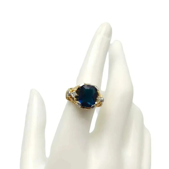 UNCAS Gold Vermeil Over Sterling Blue Clear Rhinestone Filigree Ring Size 7 - Picture 1 of 7
